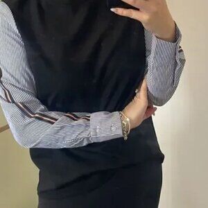 Anthropologie DREW Black Long Sleeve Top with Preppy Pin Stripe Sleeves M/L